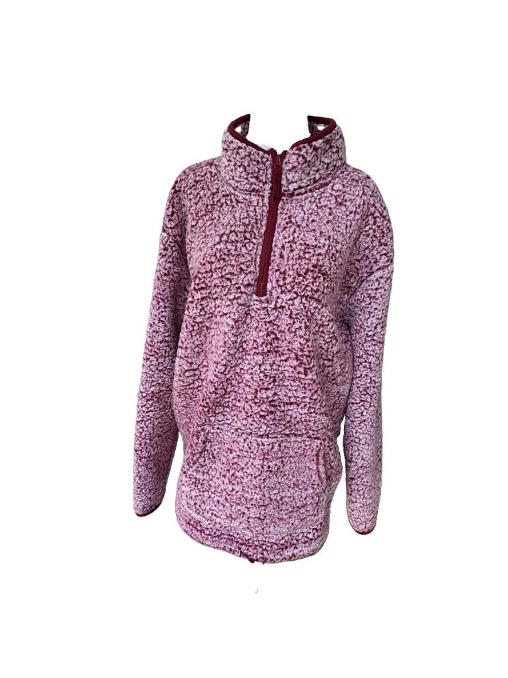 Serra Womens XL Maroon Red Pink Sherpa Pullover 1/4 Zip Kangaroo Pocket